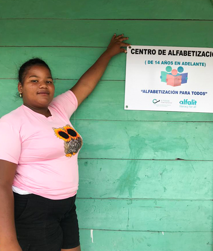Elil Rivas in front of the Alfalit literacy program center in Barahona, Dominican Republic.
