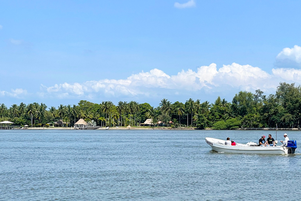 Photo of the island taken from a boat, showcasing its beauty and proximity to an inland waterway on El Salvador's Pacific coast.