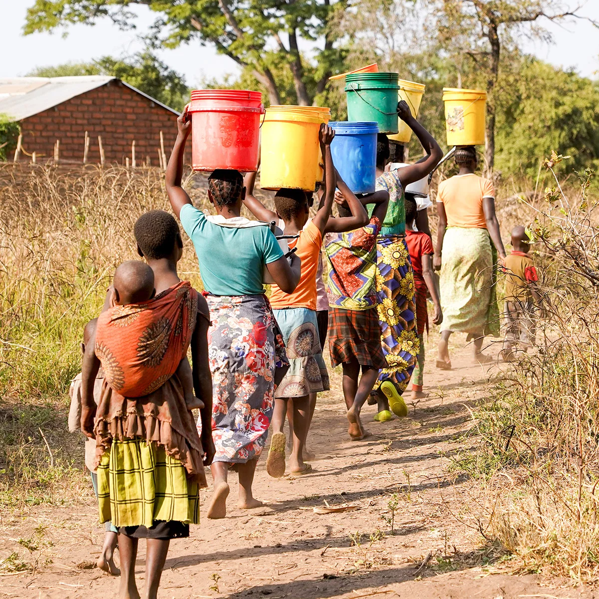 Women and children walk along a dirt road carrying colorful buckets of water balanced on their heads.