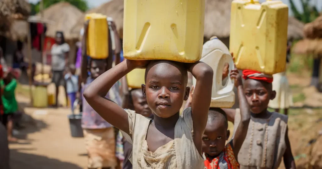 Children carry yellow water containers through a rural village.