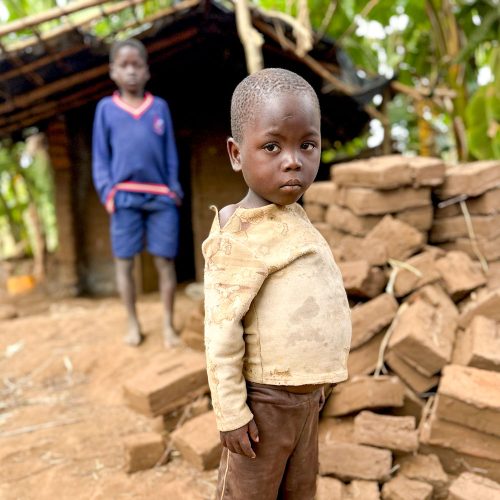 A Malawian child in the foreground, looking at the camera. In the background, his older brother can be seen, both standing in front of the hut where they live.
